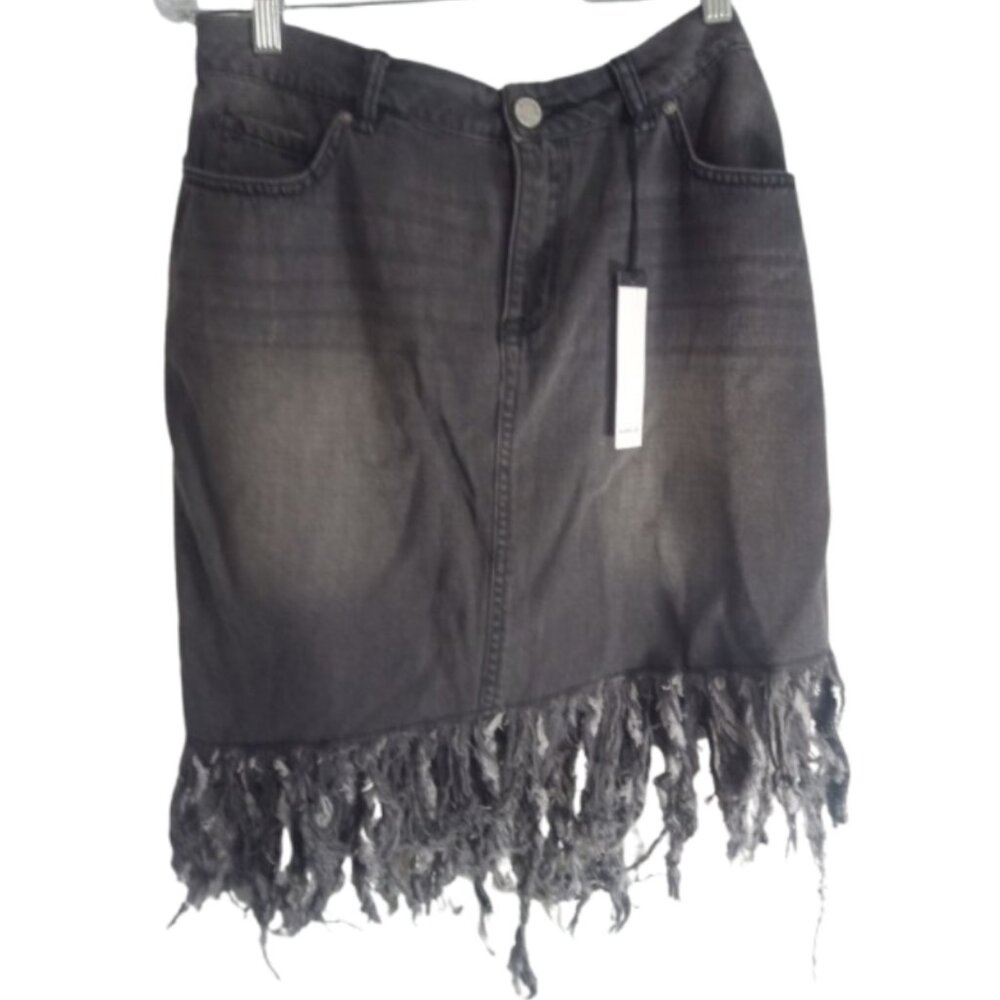 William Rast Skirt Jr Sz 31 Black Denim Mini Fringe 5 Pocket Belt Loops Cotton